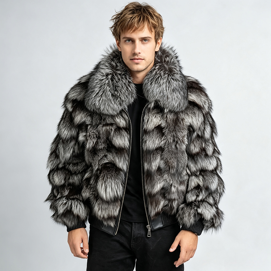 Quality Winter Clothing - Gerçek Gümüş Tilki Kürk Ceket Yaka